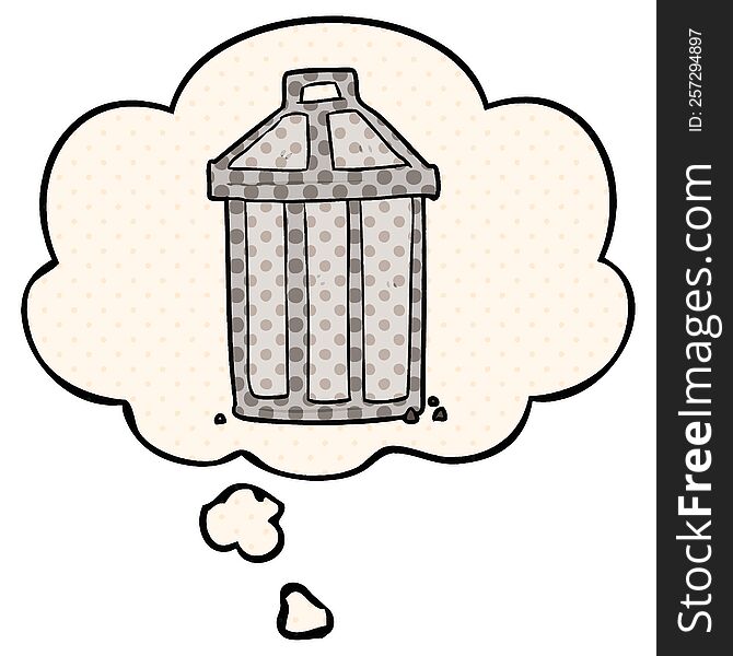 cartoon garbage can with thought bubble in comic book style