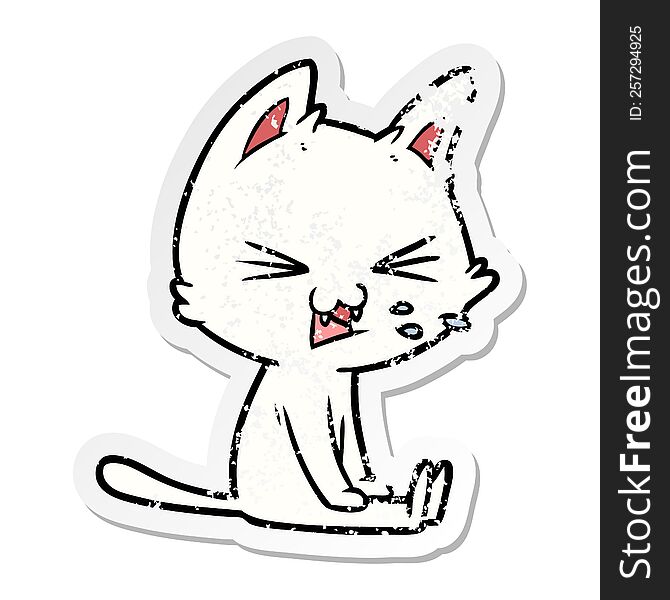 distressed sticker of a cartoon sitting cat hissing