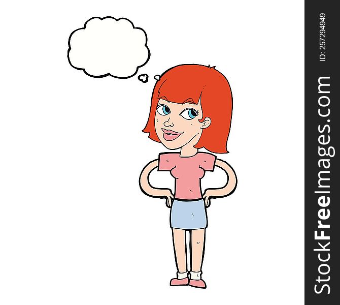 Cartoon Happy Woman With Hands On Hips With Thought Bubble