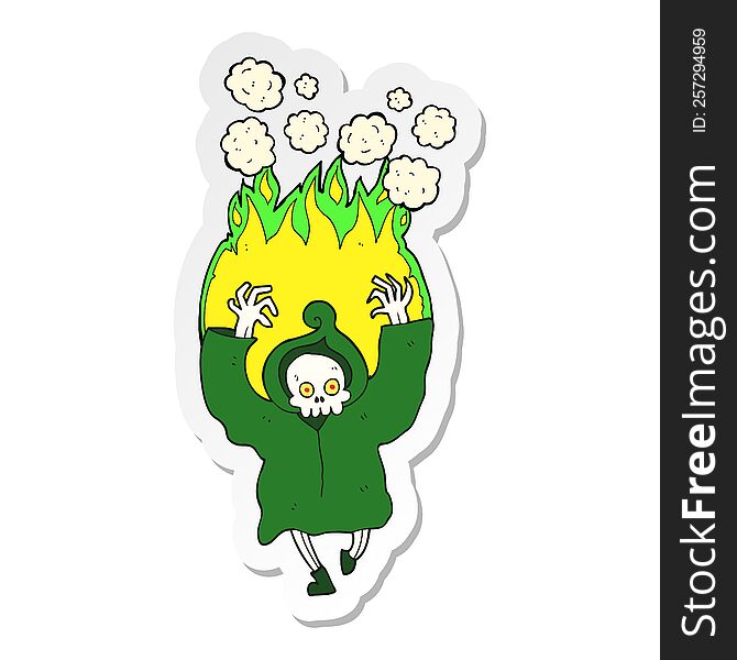 sticker of a cartoon dancing flaming death skeleton