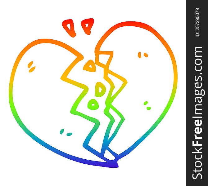 rainbow gradient line drawing of a cartoon broken heart