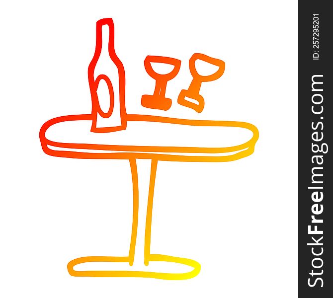warm gradient line drawing of a cartoon table with bottle and glasses