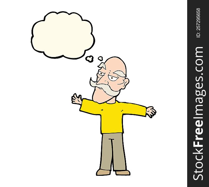 cartoon old man spreading arms wide with thought bubble