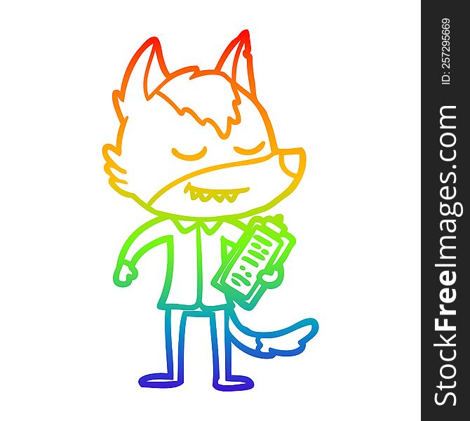 Rainbow Gradient Line Drawing Friendly Cartoon Wolf With Notes