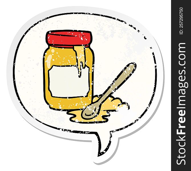 Cartoon Jar Of Honey And Speech Bubble Distressed Sticker