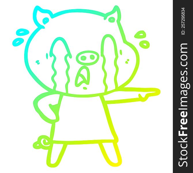 Cold Gradient Line Drawing Crying Pig Cartoon Wearing Human Clothes