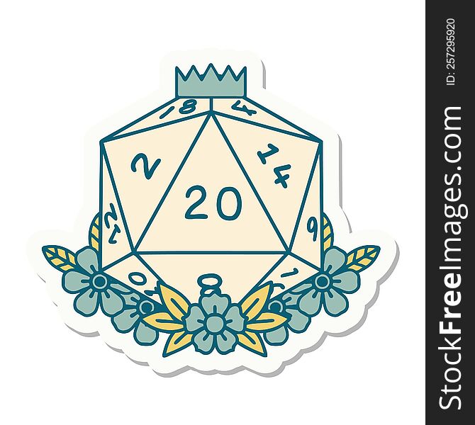 natural 20 D20 dice roll with floral elements sticker