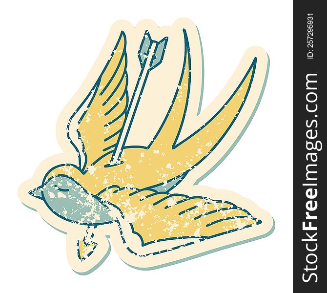 Distressed Sticker Tattoo Style Icon Of A Swallow Shot Through With Arrow