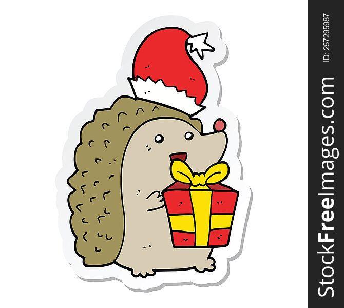 Sticker Of A Cartoon Hedgehog Wearing Christmas Hat