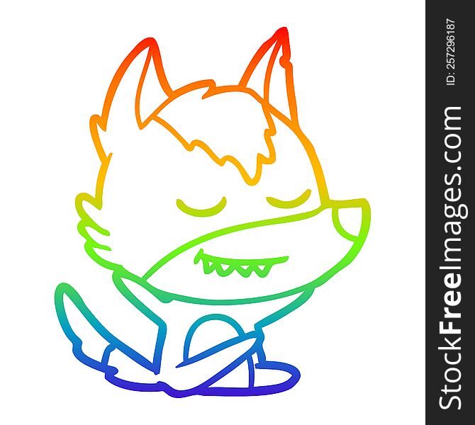 rainbow gradient line drawing of a friendly cartoon wolf sitting