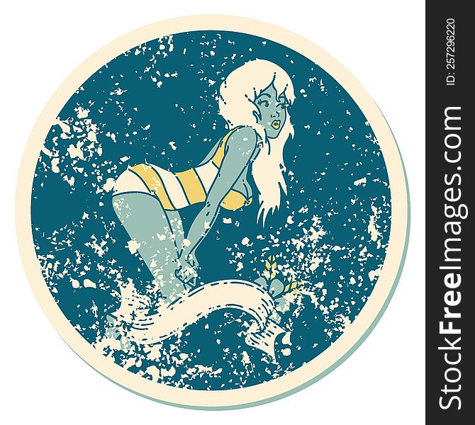 distressed sticker tattoo style icon of a pinup girl in swimming costume with banner