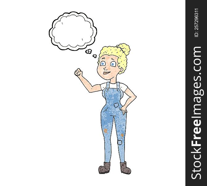 freehand drawn thought bubble textured cartoon woman in dungarees