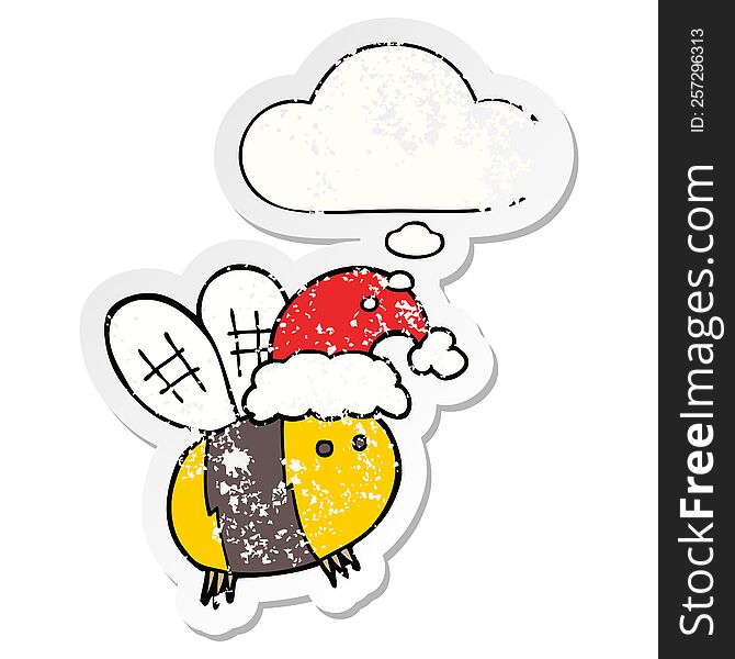 Cute Cartoon Bee Wearing Christmas Hat And Thought Bubble As A Distressed Worn Sticker