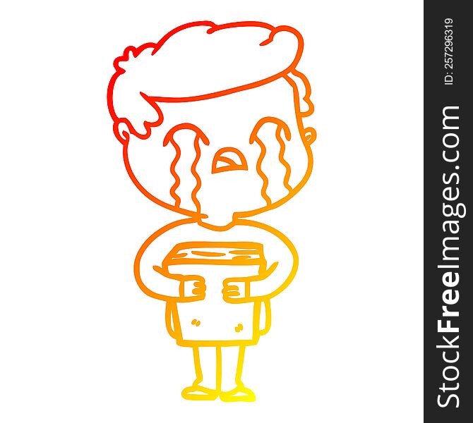 warm gradient line drawing of a cartoon man crying holding book