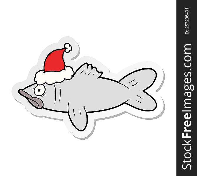Sticker Cartoon Of A Fish Wearing Santa Hat