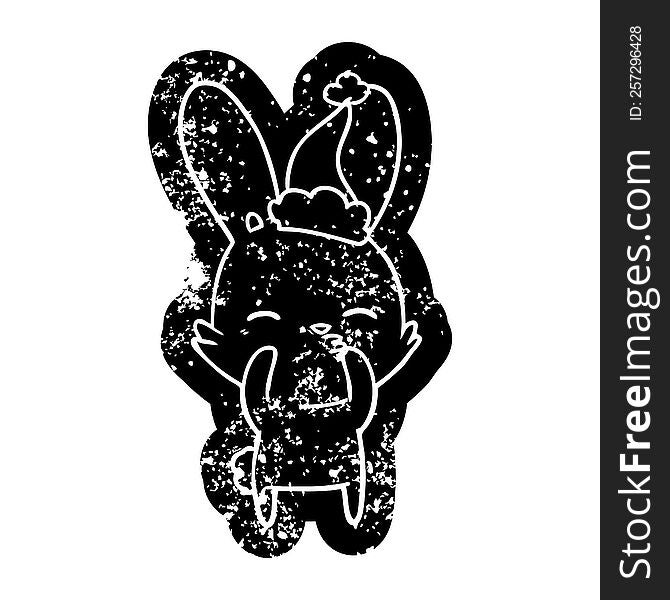 Curious Bunny Cartoon Distressed Icon Of A Wearing Santa Hat