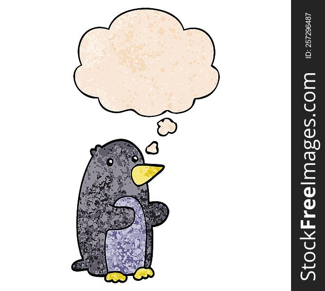 cartoon penguin with thought bubble in grunge texture style. cartoon penguin with thought bubble in grunge texture style