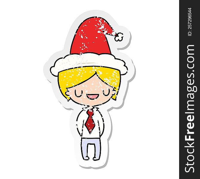 Christmas Distressed Sticker Cartoon Of Kawaii Boy