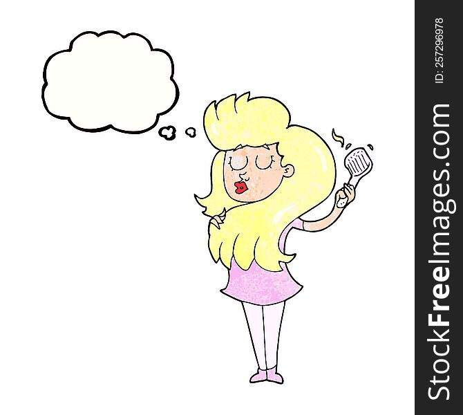 freehand drawn thought bubble textured cartoon woman brushing hair