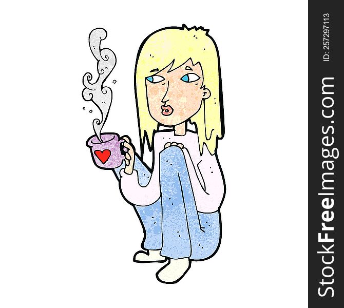 cartoon woman with cup of coffee