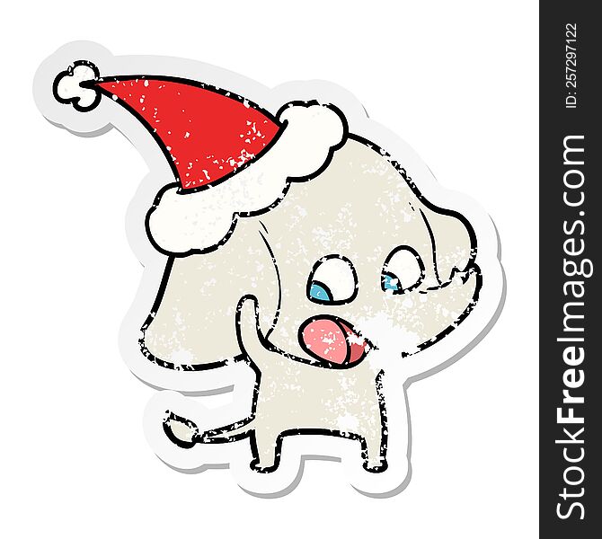 Cute Distressed Sticker Cartoon Of A Elephant Wearing Santa Hat