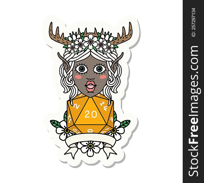 Elf Druid Character With Natural 20 Dice Roll Sticker