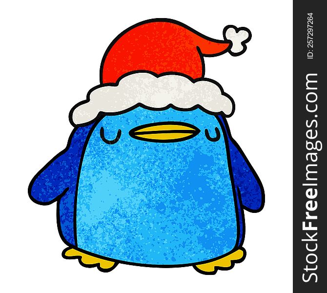 hand drawn christmas textured cartoon of kawaii penguin