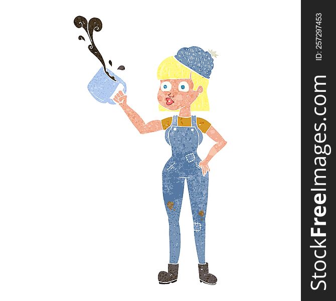 Retro Cartoon Female Worker With Coffee Mug