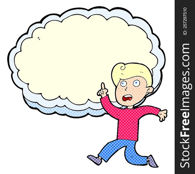 cartoon running boy in front of idea cloud with space for text. cartoon running boy in front of idea cloud with space for text