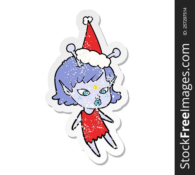 Pretty Distressed Sticker Cartoon Of A Alien Girl Wearing Santa Hat