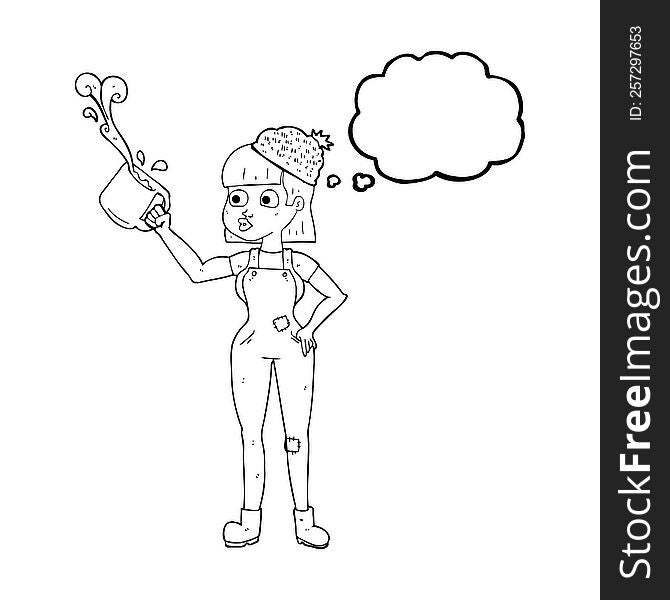 freehand drawn thought bubble cartoon female worker with coffee mug