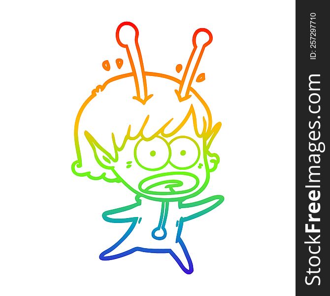 rainbow gradient line drawing of a cartoon shocked alien girl