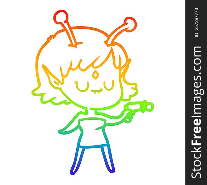 rainbow gradient line drawing of a cartoon alien girl with ray gun