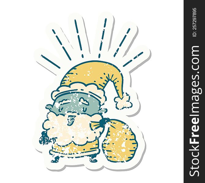 grunge sticker of tattoo style santa claus christmas character with sack