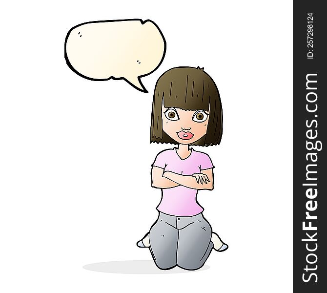 cartoon woman kneeling with speech bubble