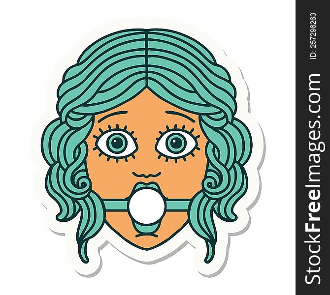 sticker of tattoo in traditional style of female face wearing a ball gag. sticker of tattoo in traditional style of female face wearing a ball gag
