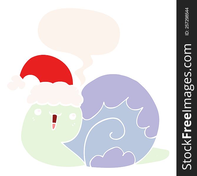 cute cartoon christmas snail with speech bubble in retro style