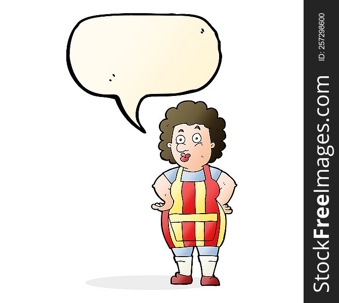 cartoon woman in kitchen apron with speech bubble