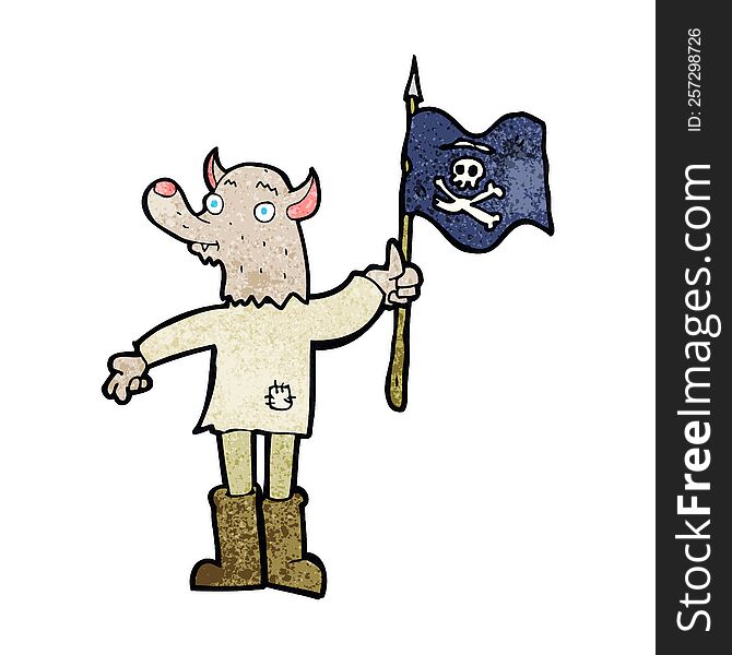 Cartoon Wolf Man Waving Pirate Flag