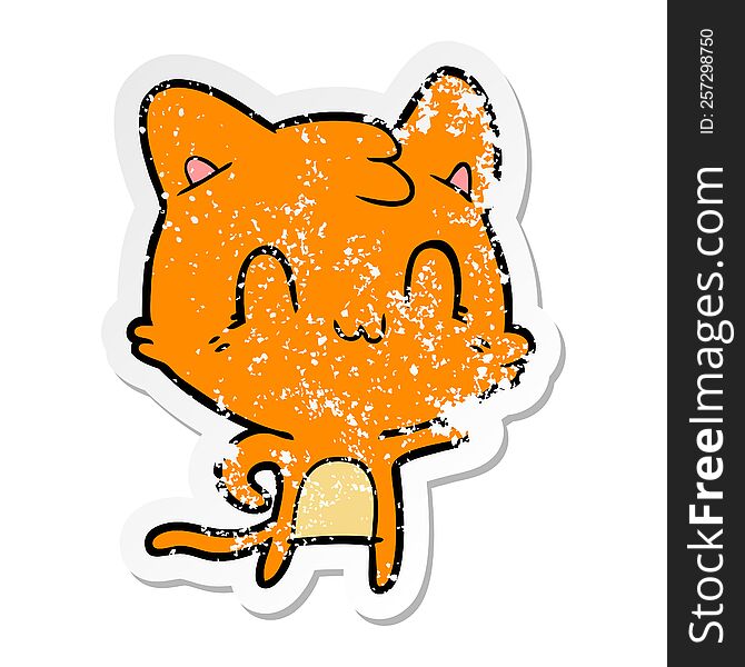 Distressed Sticker Of A Cartoon Happy Cat Pointing