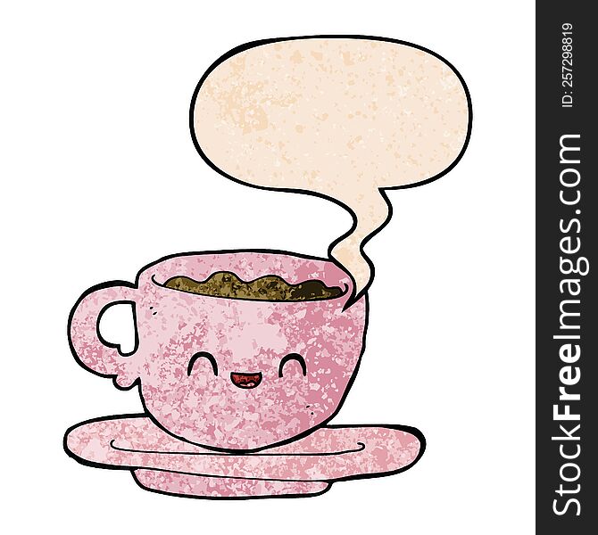 Cartoon Hot Cup Of Coffee And Speech Bubble In Retro Texture Style