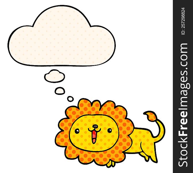 cute cartoon lion with thought bubble in comic book style
