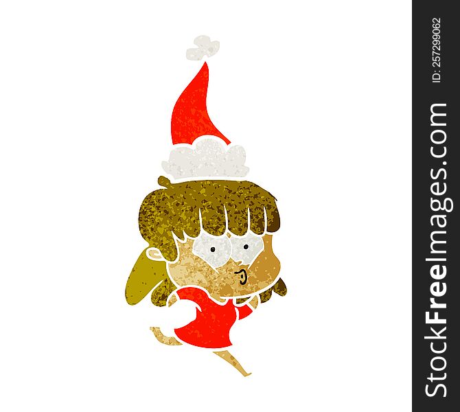 hand drawn retro cartoon of a whistling girl wearing santa hat