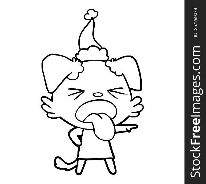 hand drawn line drawing of a disgusted dog wearing santa hat