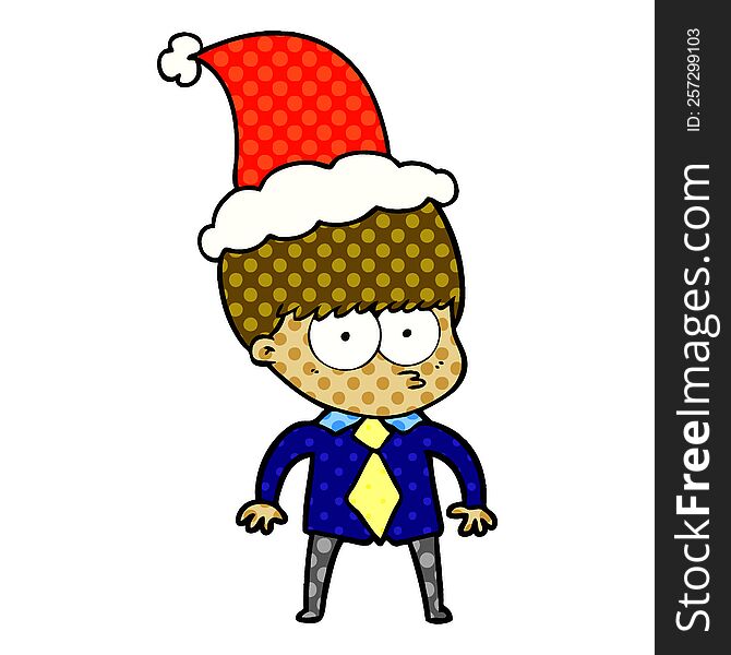 nervous comic book style illustration of a boy wearing shirt and tie wearing santa hat