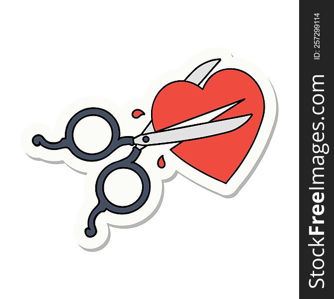 sticker of tattoo in traditional style of scissors cutting a heart. sticker of tattoo in traditional style of scissors cutting a heart
