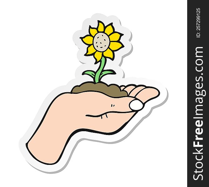 Sticker Of A Cartoon Flower Growing In Palm Of Hand