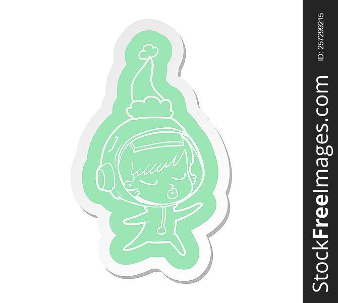 quirky cartoon  sticker of a pretty astronaut girl wearing santa hat