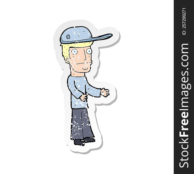 retro distressed sticker of a cartoon worried man wearing hat