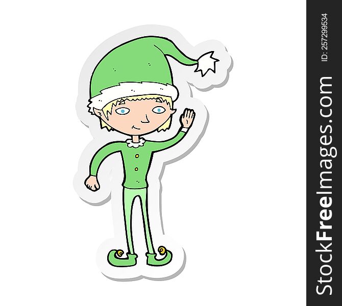 Sticker Of A Cartoon Waving Christmas Elf